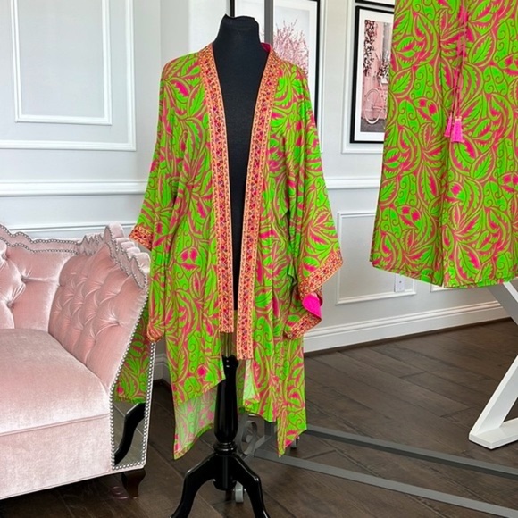 DESIGNER SET SIZE M Green Leaf Print Midi Viscose Kimono with Embroidery… - Picture 16 of 16
